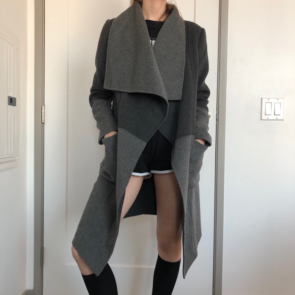 BCBG Draped Wide Collar Gray Wool Coat | Small